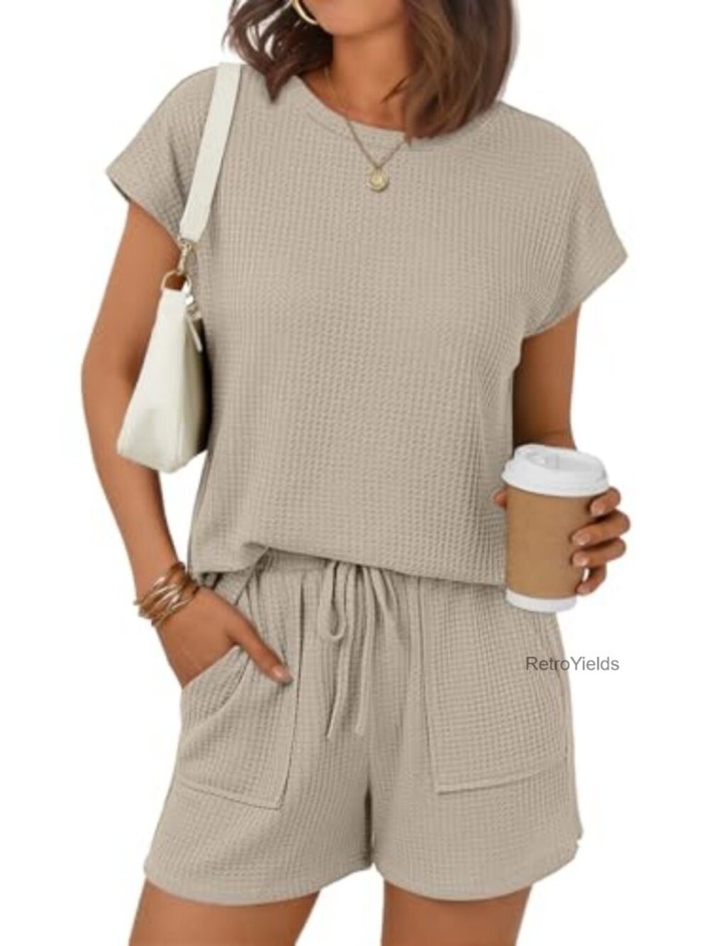 Women's 2 Piece Waffle Knit Lounge Set V-Neck Cap Sleeve Top & Shorts